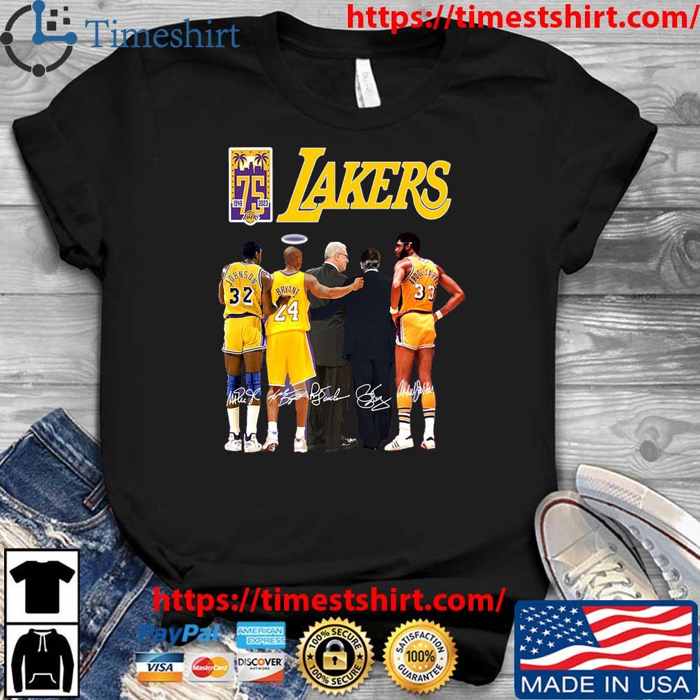 Champion Magic Johnson Kareem Abdul Jabbar and James Worthy LA Lakers  signatures shirt - Limotees