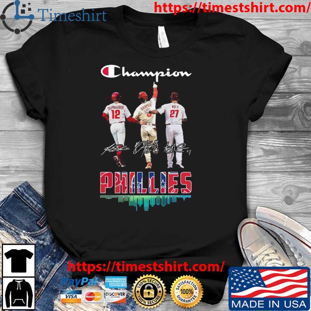 Champion Kyle Schwarber Bryce Harper And Aaron Nola Phillies city line  signature shirt, hoodie, sweater, long sleeve and tank top