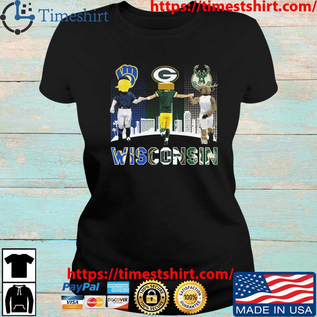 Wisconsin city skyline Milwaukee Brewers Green Bay Packers and Milwaukee  Bucks mascots shirt, hoodie, sweater, long sleeve and tank top